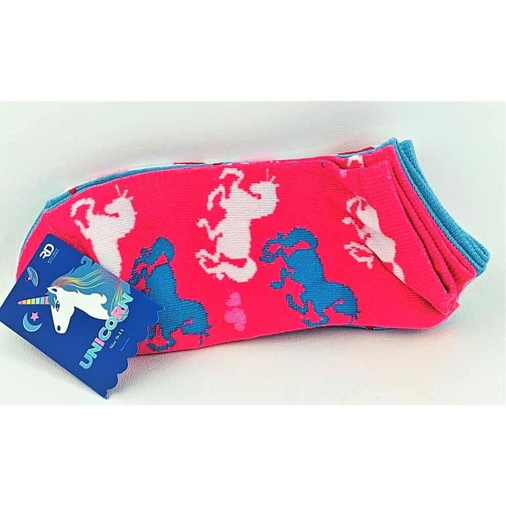 Women's Girls 3 Pk Unicorn Low Cut Socks Novelty Print Pink, White, Blue Sz 9-11